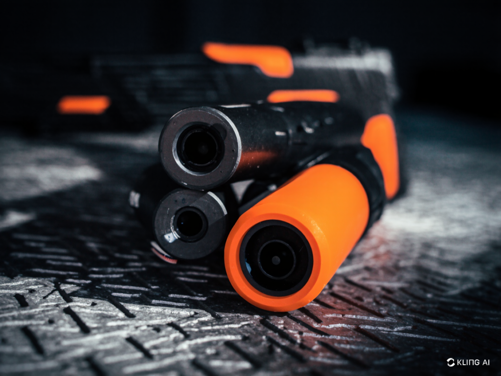 a group of guns on a surface