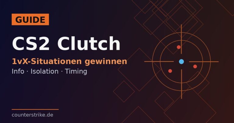 Beitragsbild CS2 Clutch Guide: Fadenkreuz mit einem Spieler gegen drei Gegner, Schriftzug GUIDE