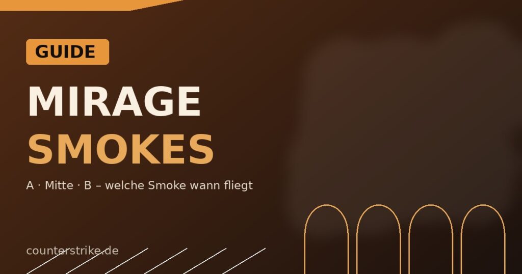 Beitragsbild zum CS2 Mirage Smokes Guide von counterstrike.de mit Rauchwolken und Torbögen in Mirage-Farben