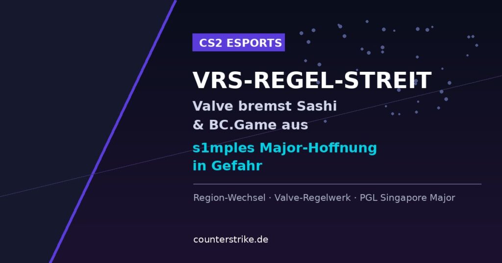 Dunkler CS2-Grafikhintergrund mit Schriftzug VRS-Regel-Streit zur Valve-Regionsregel, counterstrike.de Branding